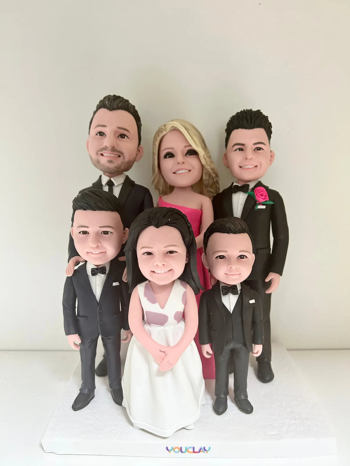 Wedding party of six: bride, groom, maid of honor and three boys in tuxedos