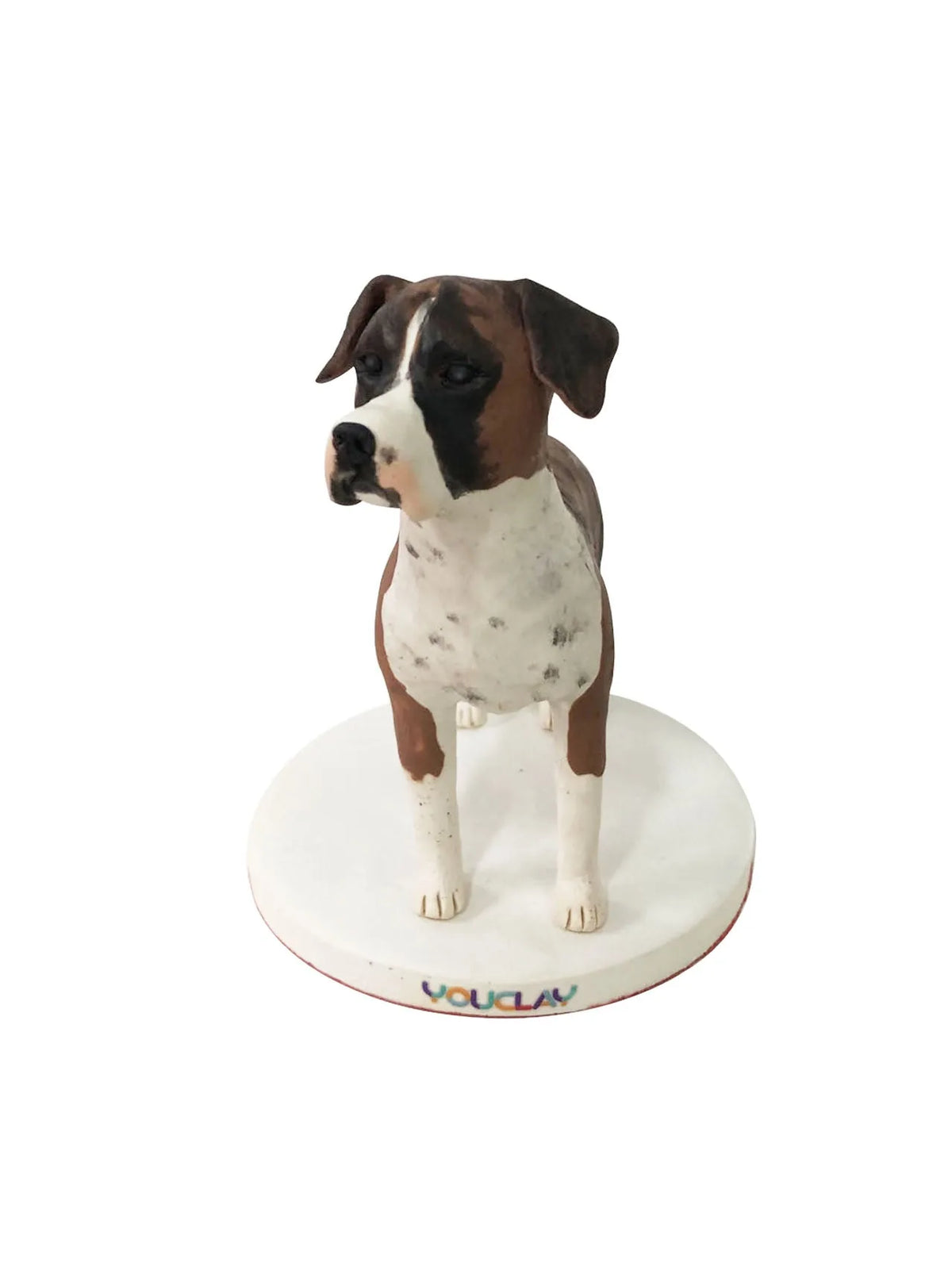 Brown and white boxer dog standing alert, a custom pet figurine hand-sculpted in polymer clay